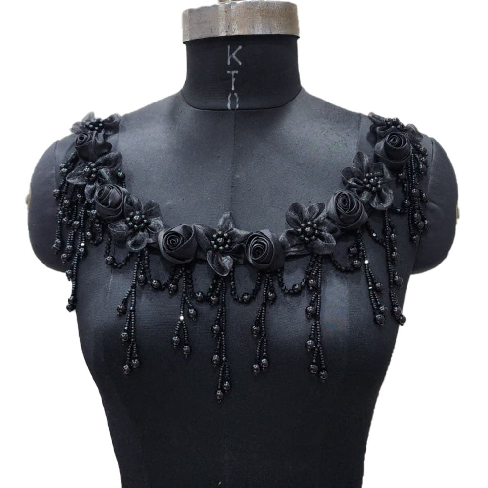 Designer Floral Neckline Applique with Bead Tassels Patch