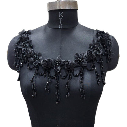 Designer Floral Neckline Applique with Bead Tassels Patch