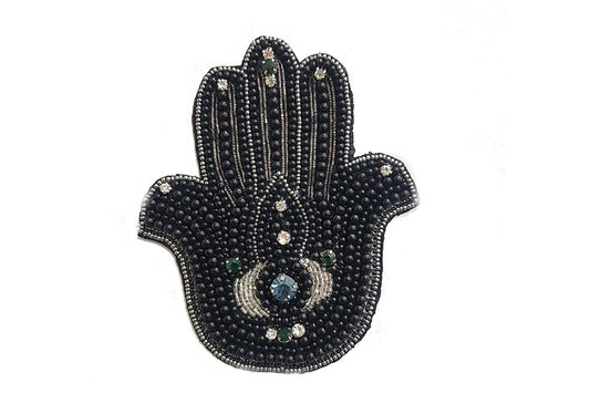Black Beads work Hamsa Hand Design Evil Eye Embroidery Patch