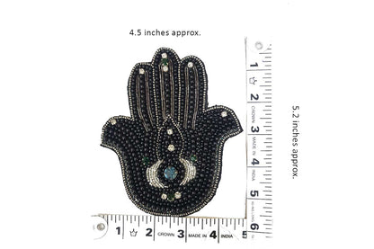 Black Beads work Hamsa Hand Design Evil Eye Embroidery Patch