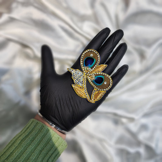 Multi Golden Peacock Feather Hand Embroidery Patch