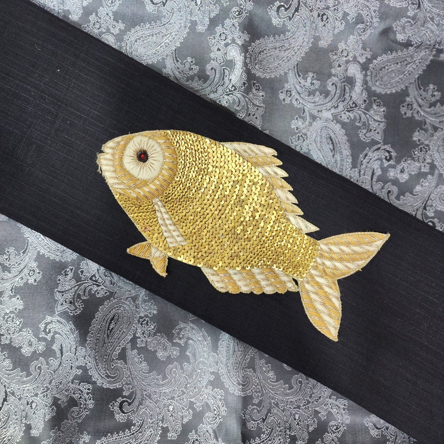 Golden color Dabka and Metal Sequins work Fish Applique Patch