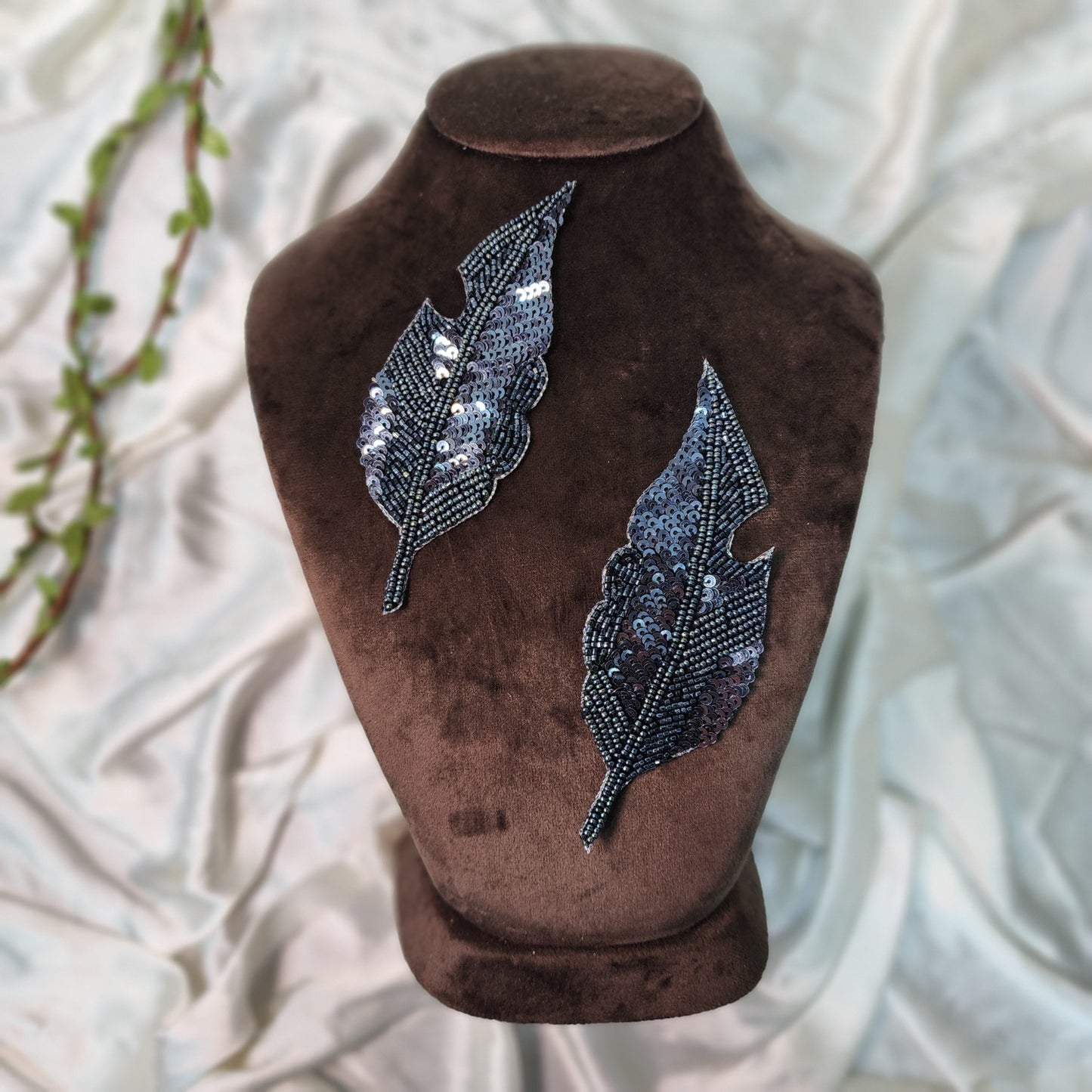 Metallic Blue Beads and Sequins work Leaf Patches