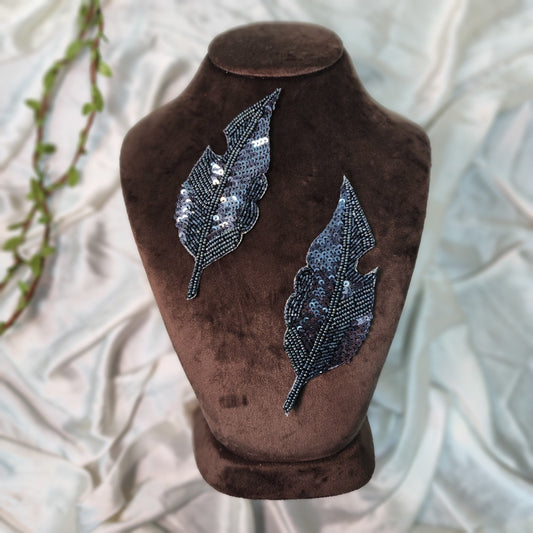 Metallic Blue Beads and Sequins work Leaf Patches