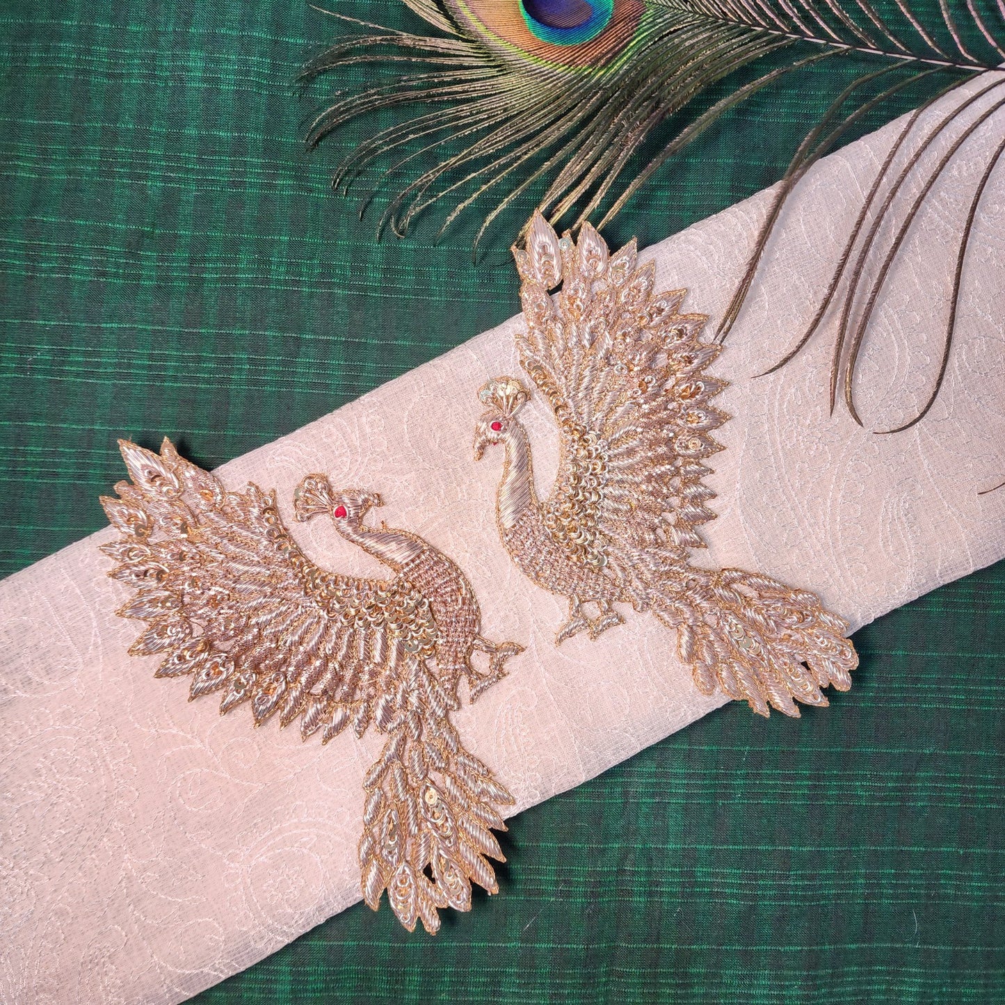 Dabka work Hand Embroidered Bird Patches 2 Pieces