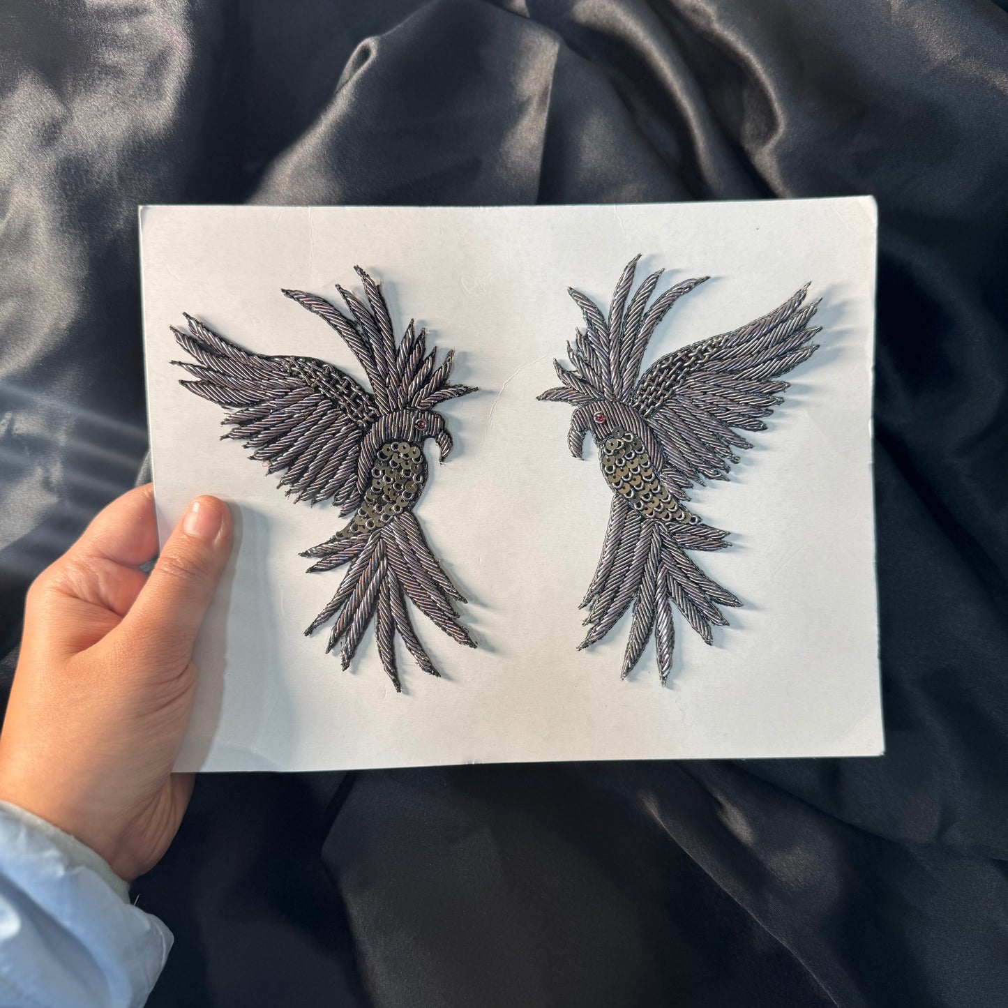 Metallic Blue color Dabka work Bird Patch 2 Pieces