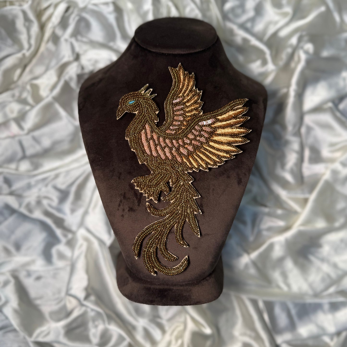 Antique Gold Beads work Bird Patch Applique