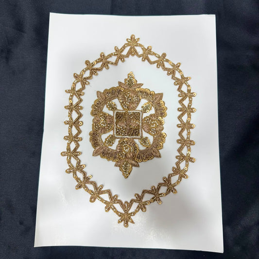 Golden Zari Ornamental Floral Frame Embroidery Patch