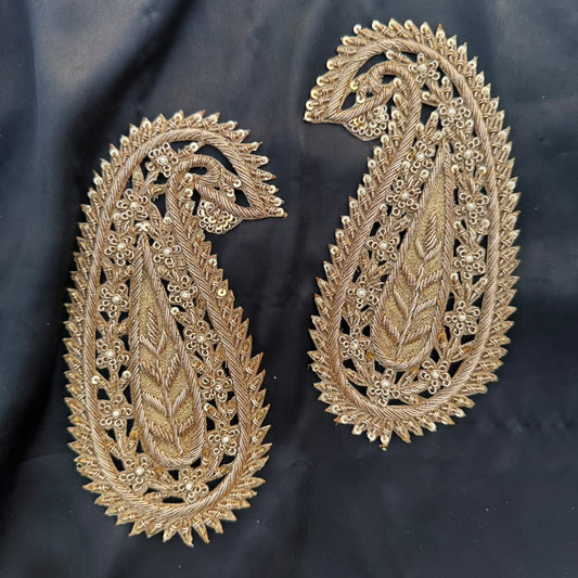 Pair of Golden Floral Feather Embroidery Patches