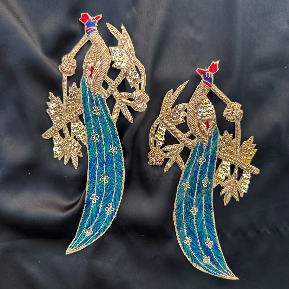Artistic Peacock Bird Patch Pair with Sequin and Thread Work
