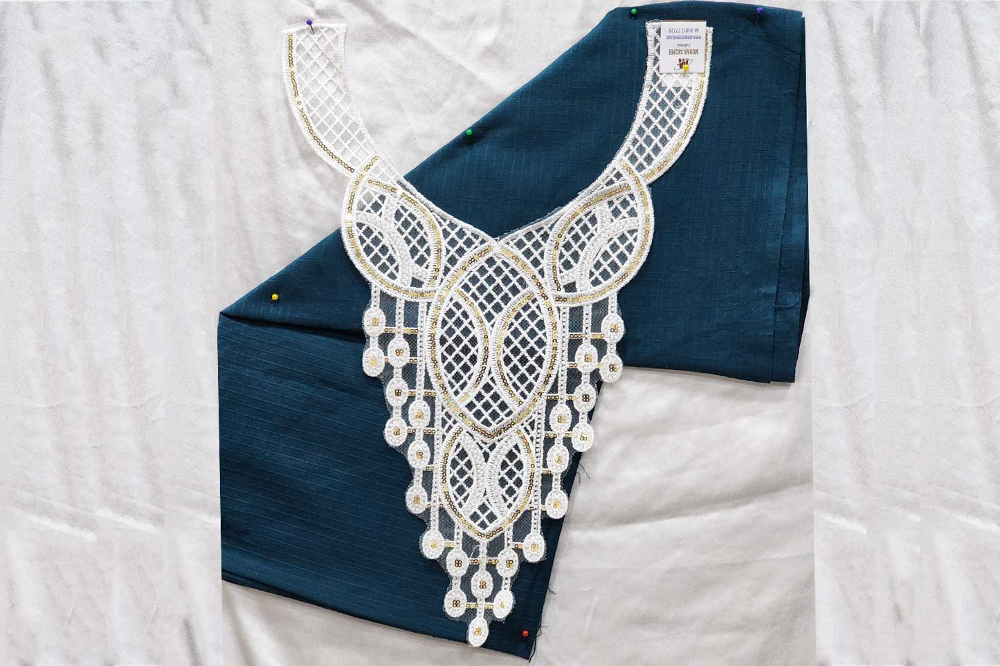 Net base White Golden Sequins work Neckline Patch