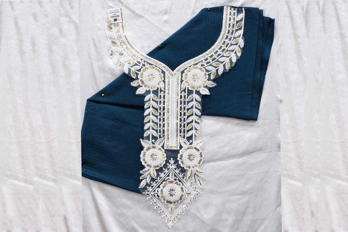 White Golden Sequins and Beads work Neck patch