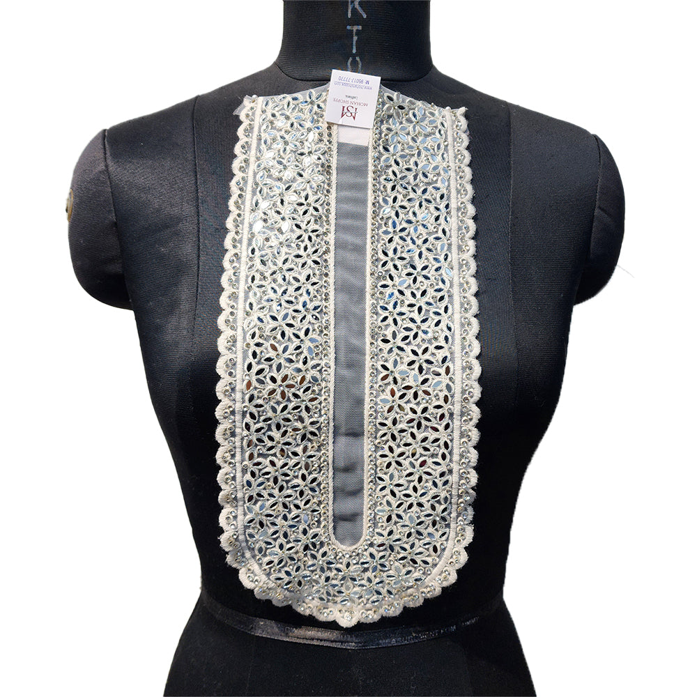 White color U shaped Mirror work Neckline Patch