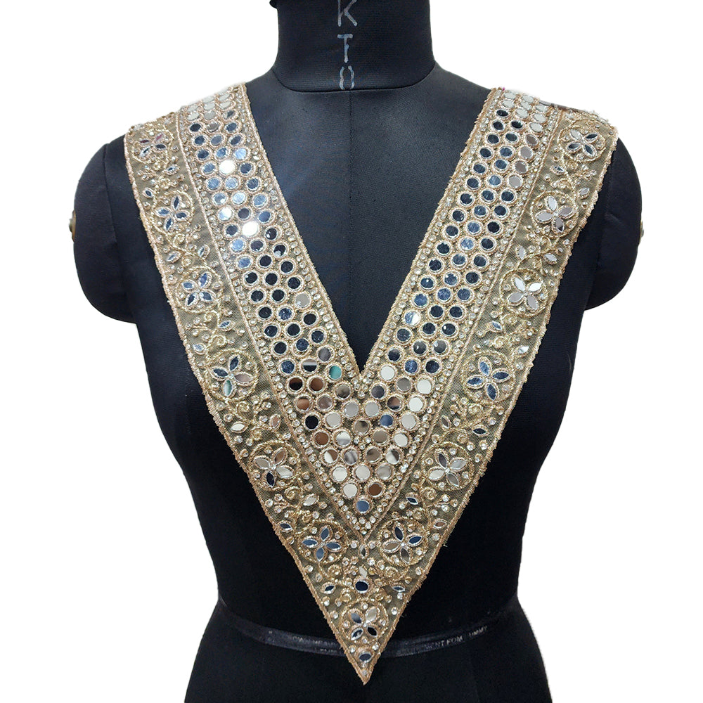 Rose Gold V shaped Mirror work Neckline Sew on Patch