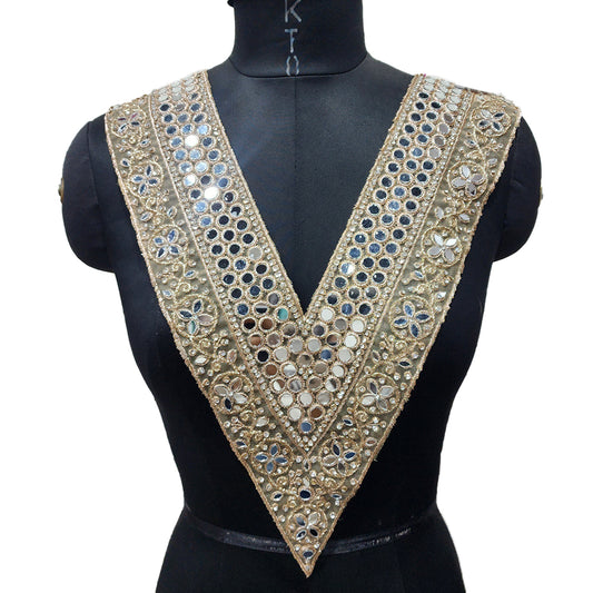 Rose Gold V shaped Mirror work Neckline Sew on Patch
