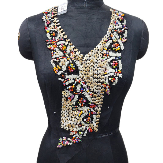 Gorgeous Moti and Beads work Neckline Applique Net Base Patch