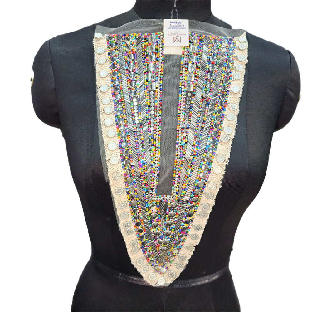 V Shaped Beads work Net Base Neckline Applique