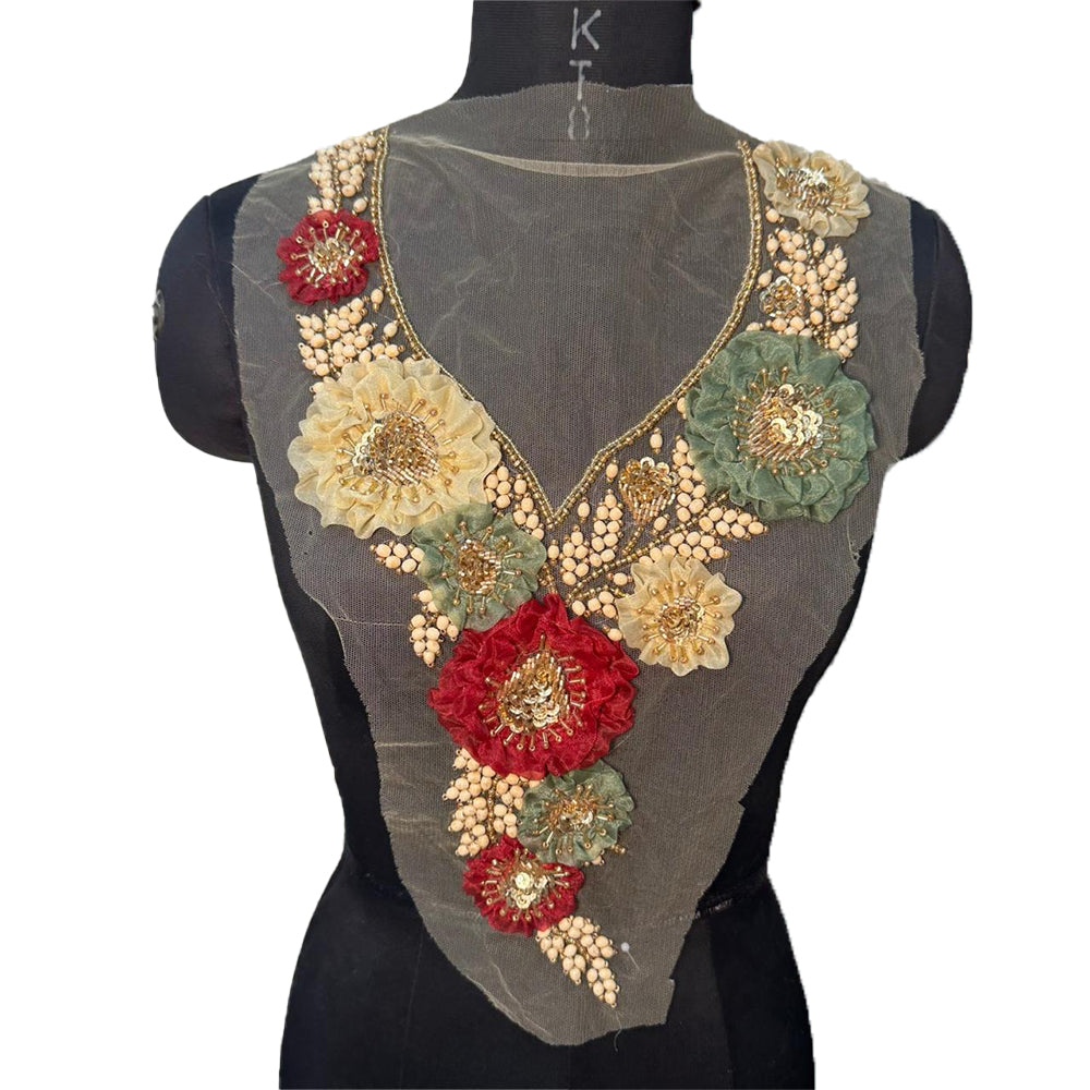Beautiful Beads work Floral Neckline Applique