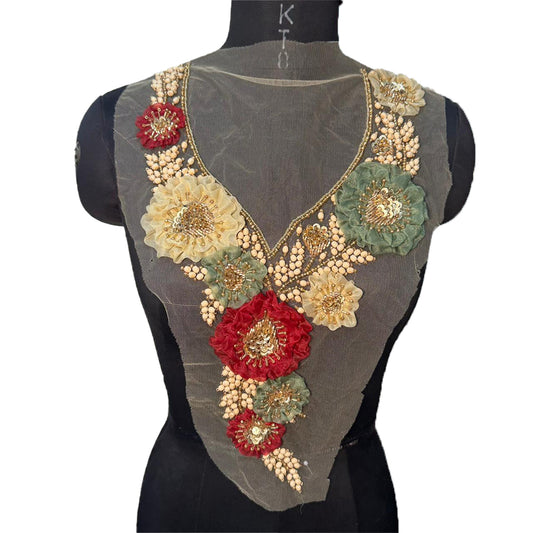 Beautiful Beads work Floral Neckline Applique