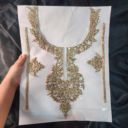 Light Gold Dabka work Handwork Neckline Patch