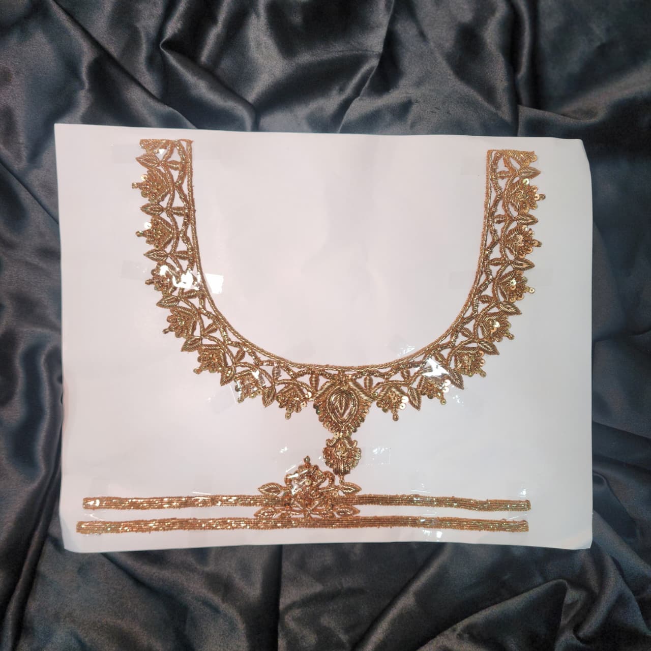 Antique Gold U shape Dabka Handwork Neckline