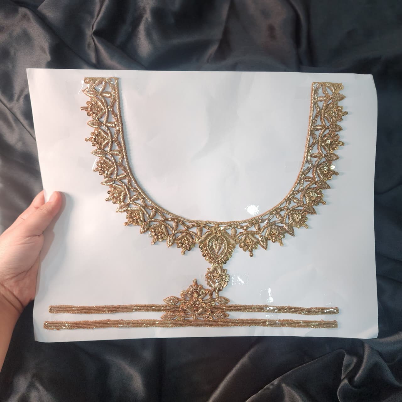 Antique Gold U shape Dabka Handwork Neckline