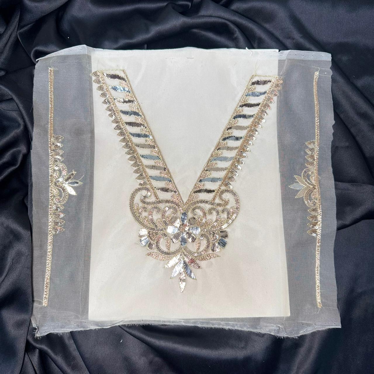 Gold & Silver Floral V Shape Handwork Neck Patch with Sleeves