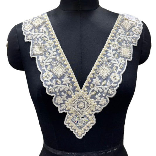 Stylish Pearl & Stone Embroidered V Neck Patch