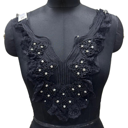 Fancy Floral Stonework & Pearl Neck Applique Patch