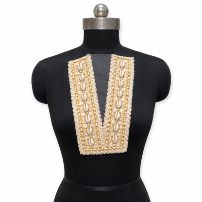 Handcrafted Shell & Pearl Embroidered V-Neck Applique Patch (1 piece)