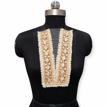 Handcrafted Shell & Pearl Embroidered V-Neck Applique Patch (1 piece)
