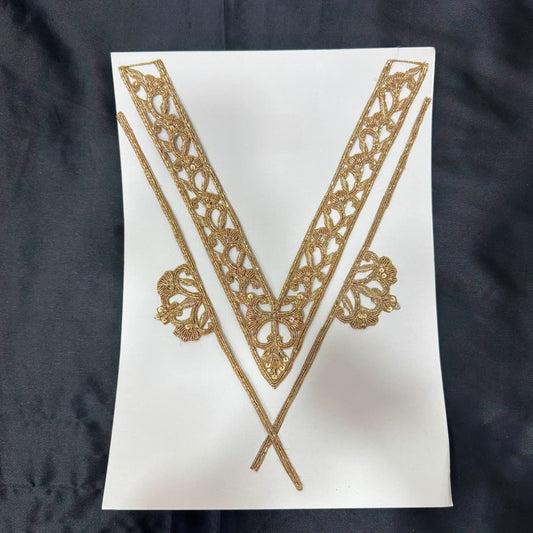 Elegant Golden Zari V-Neck Embroidery Applique Patch