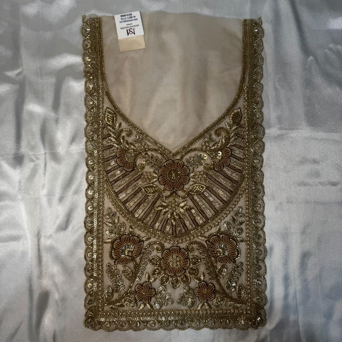 Premium Zardozi Embroidered Neckline Patch with Floral, Pearl, Bead & Sequin Work for Suits and Blouses
