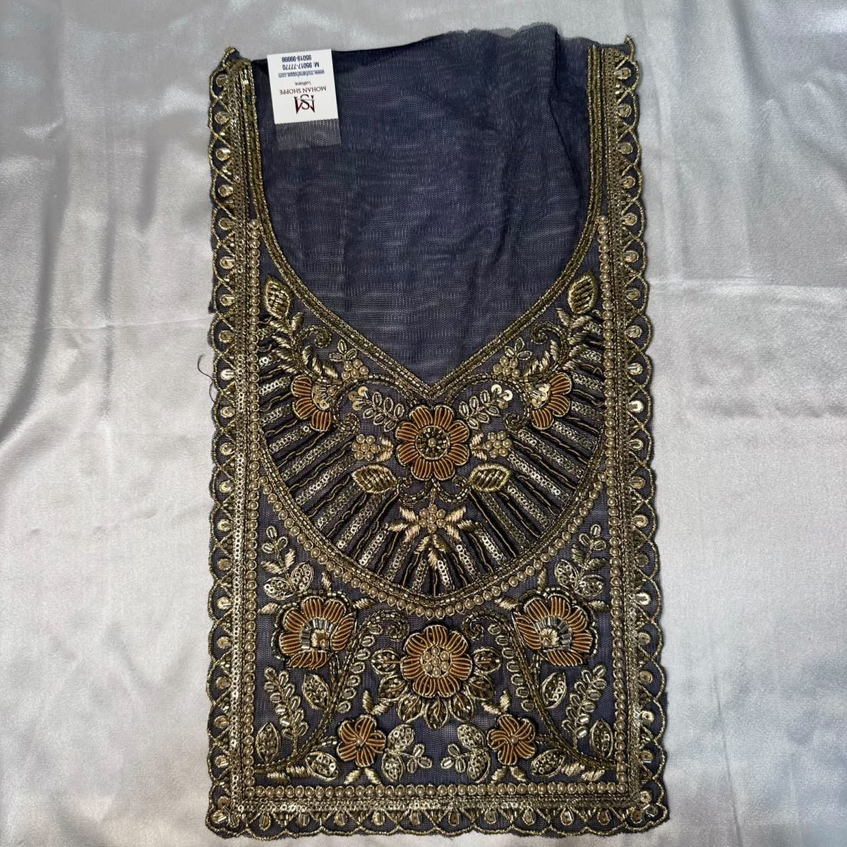 Premium Zardozi Embroidered Neckline Patch with Floral, Pearl, Bead & Sequin Work for Suits and Blouses