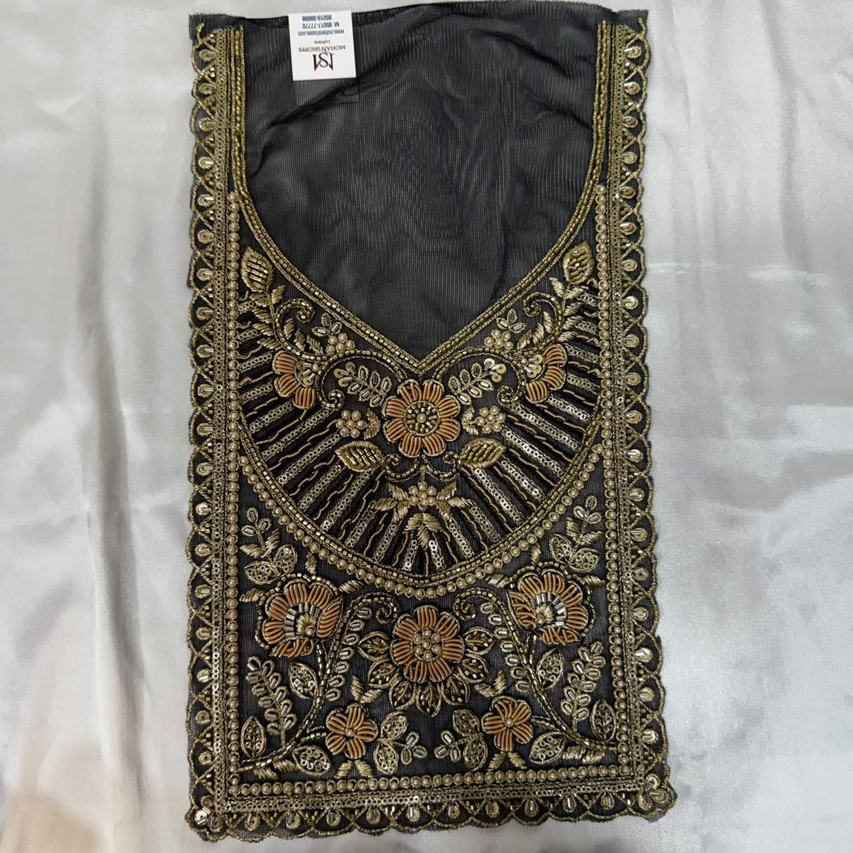 Premium Zardozi Embroidered Neckline Patch with Floral, Pearl, Bead & Sequin Work for Suits and Blouses