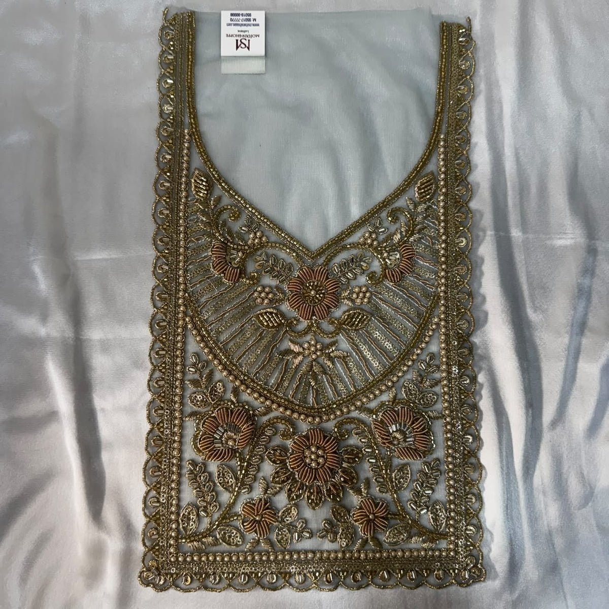 Premium Zardozi Embroidered Neckline Patch with Floral, Pearl, Bead & Sequin Work for Suits and Blouses