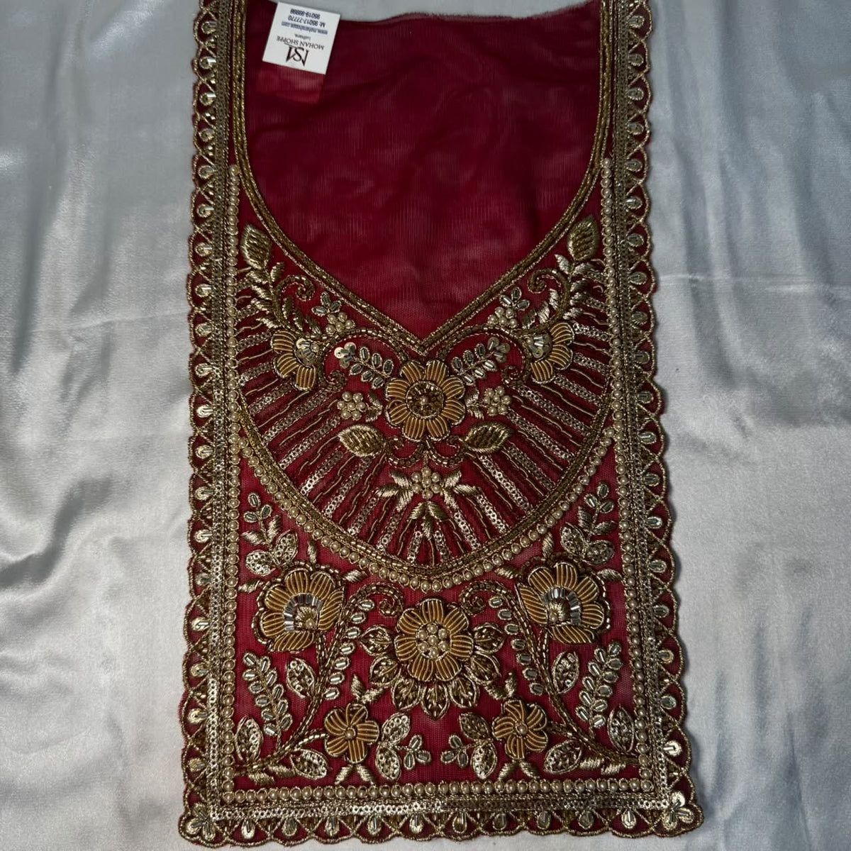 Premium Zardozi Embroidered Neckline Patch with Floral, Pearl, Bead & Sequin Work for Suits and Blouses