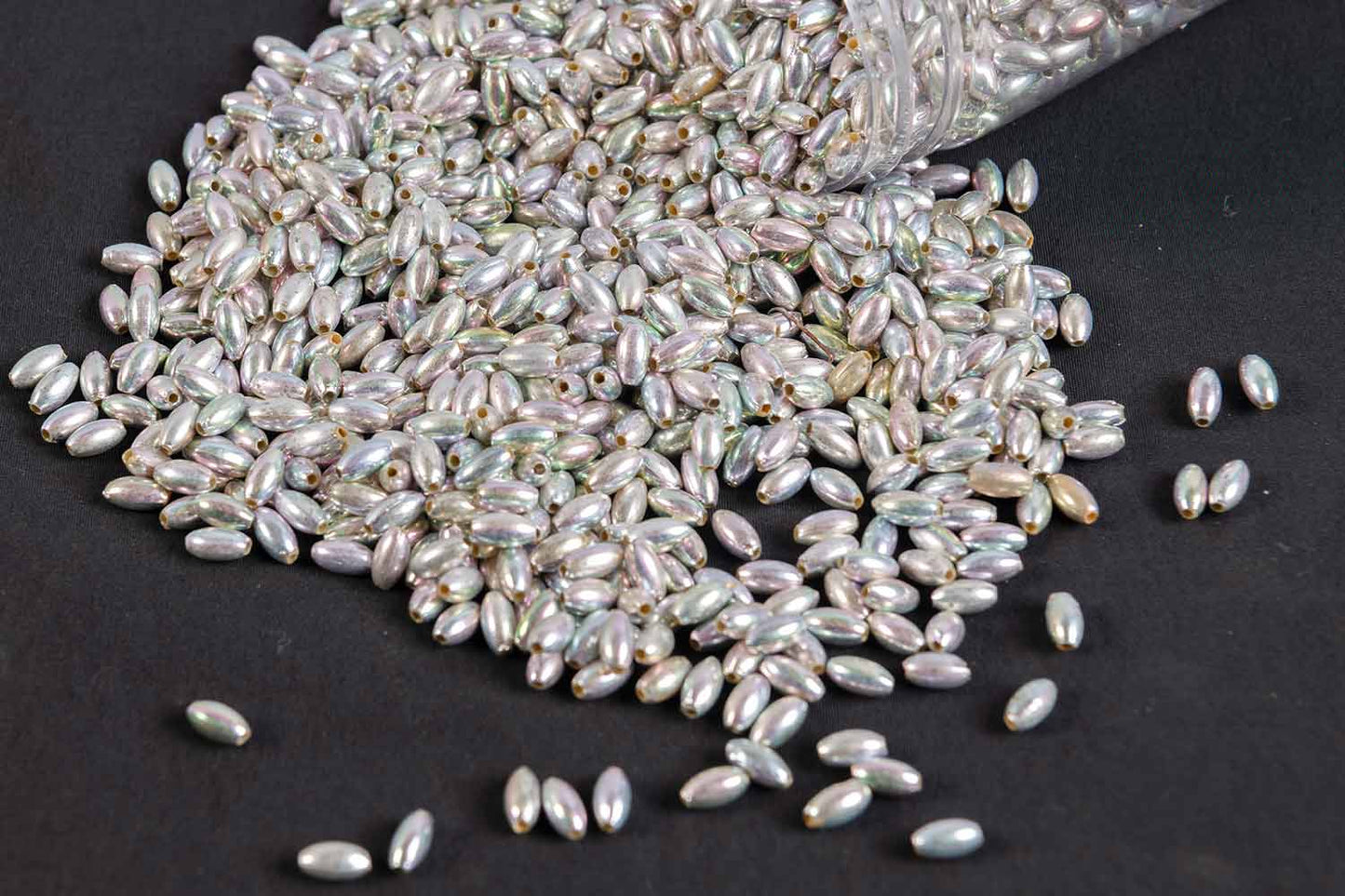 Silver Rainbow Color Oval/Surahi Shape Plastic Beads Package of 50 Grams