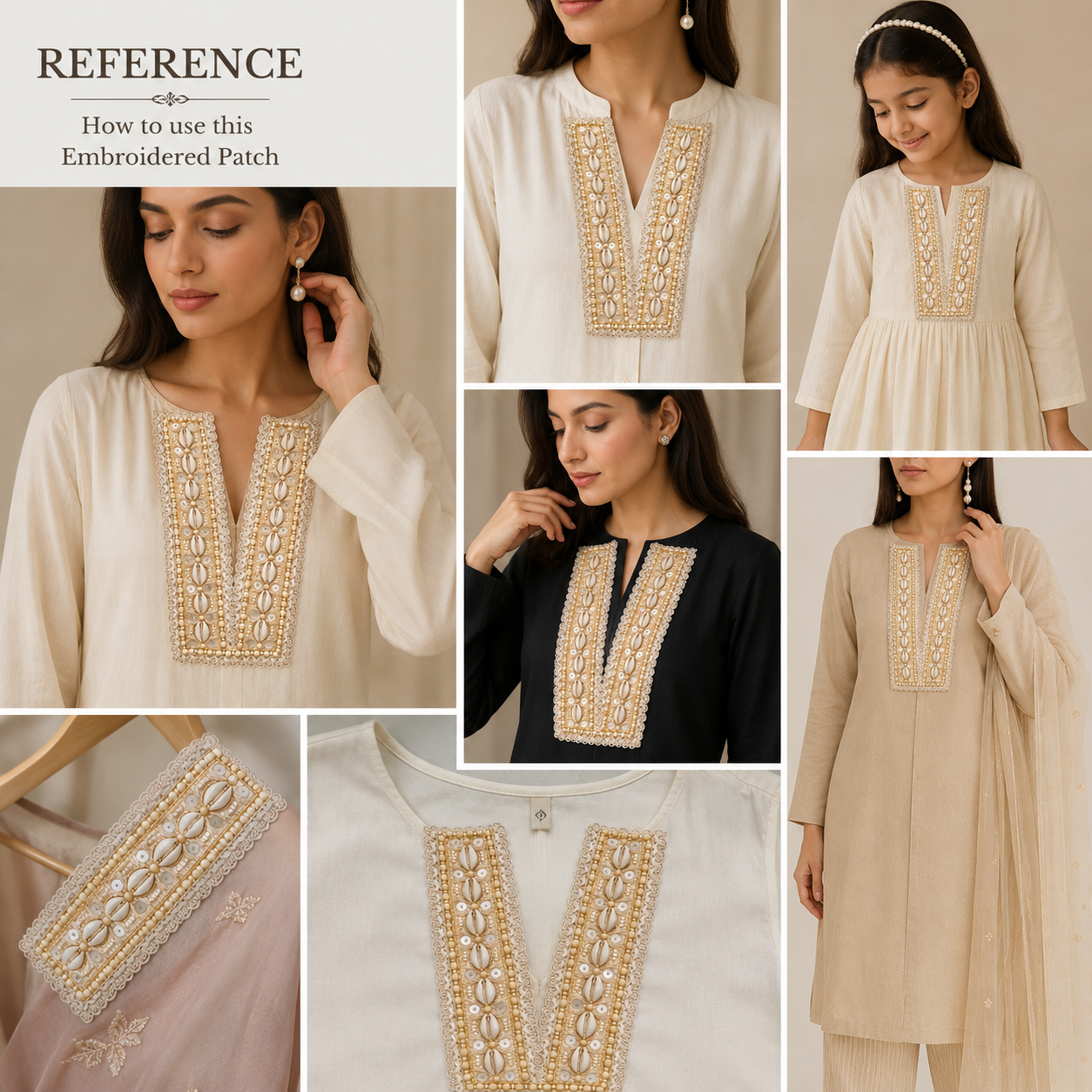 Handcrafted Shell & Pearl Embroidered V-Neck Applique Patch (1 piece)