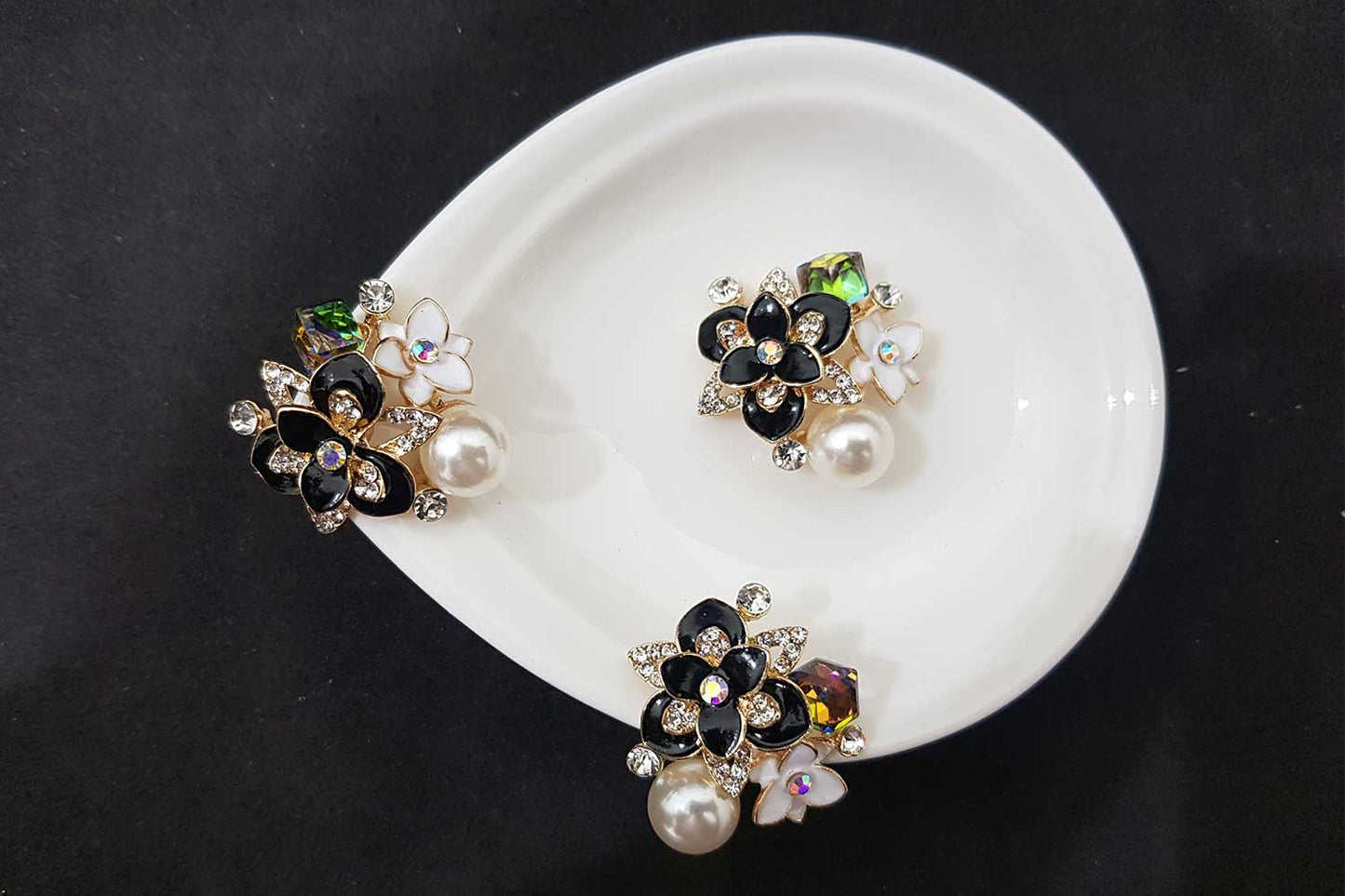 Black Flower Fancy Pearls and Stonework Buttons Pack of 2 Pcs