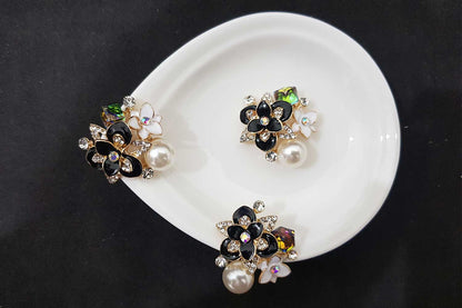 Black Flower Fancy Pearls and Stonework Buttons Pack of 2 Pcs