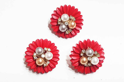 Designer Pearl work Flower Shape Metal Buttons 3 Pieces