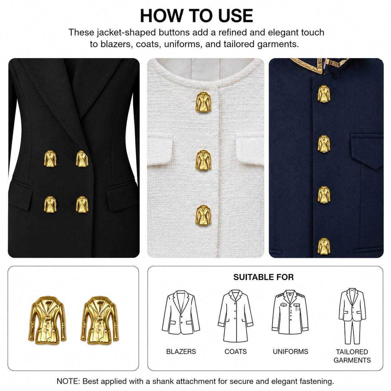 Matte Gold Suit/Coat Shaped Buttons Metal Shank Sewing Accessories