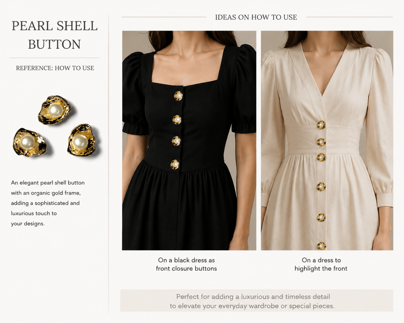 Pack of 3 Pieces Oyster Pearl Luxury Decorative Metal Buttons