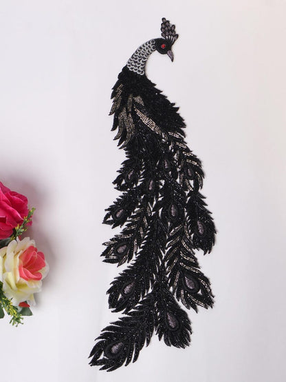 Black Sequin work Peacock Applique Patch