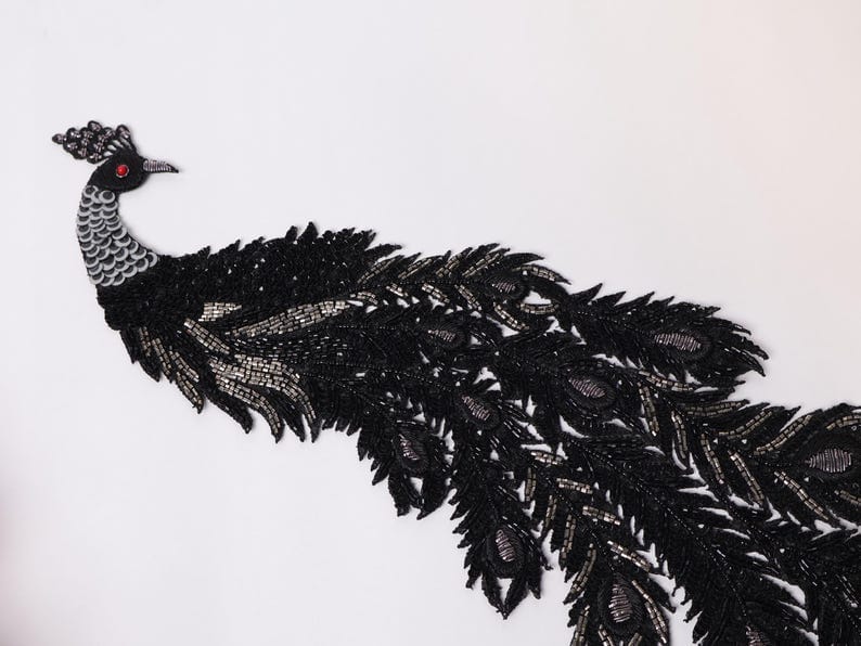 Black Sequin work Peacock Applique Patch