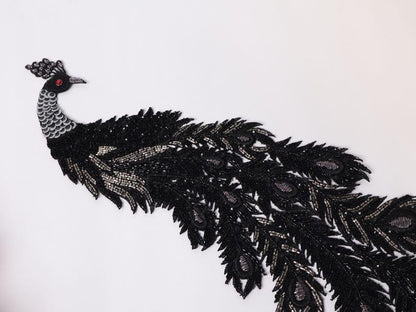 Black Sequin work Peacock Applique Patch