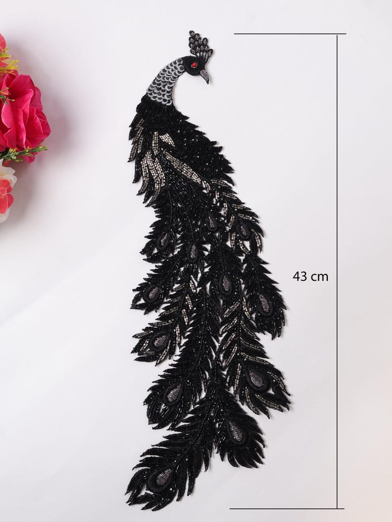Black Sequin work Peacock Applique Patch