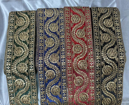 Golden Zari and Sequins work Border in Net Base