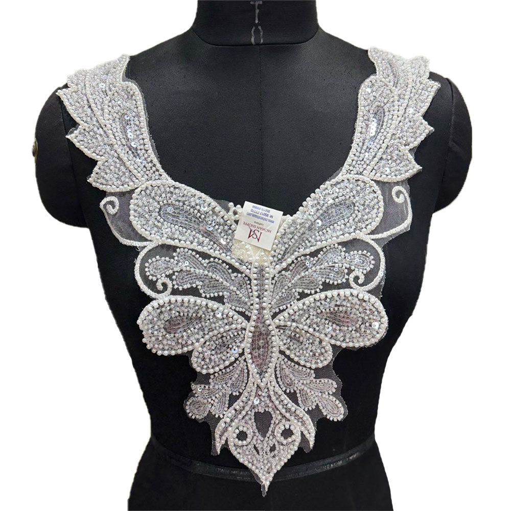 Designer White Sequins and Pearl work Neck Patch